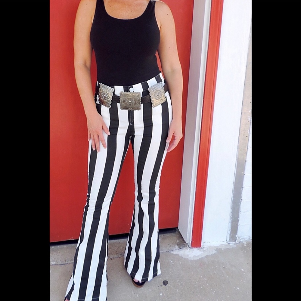 Black & White Striped Denim Boot Cut Pants S-M-L